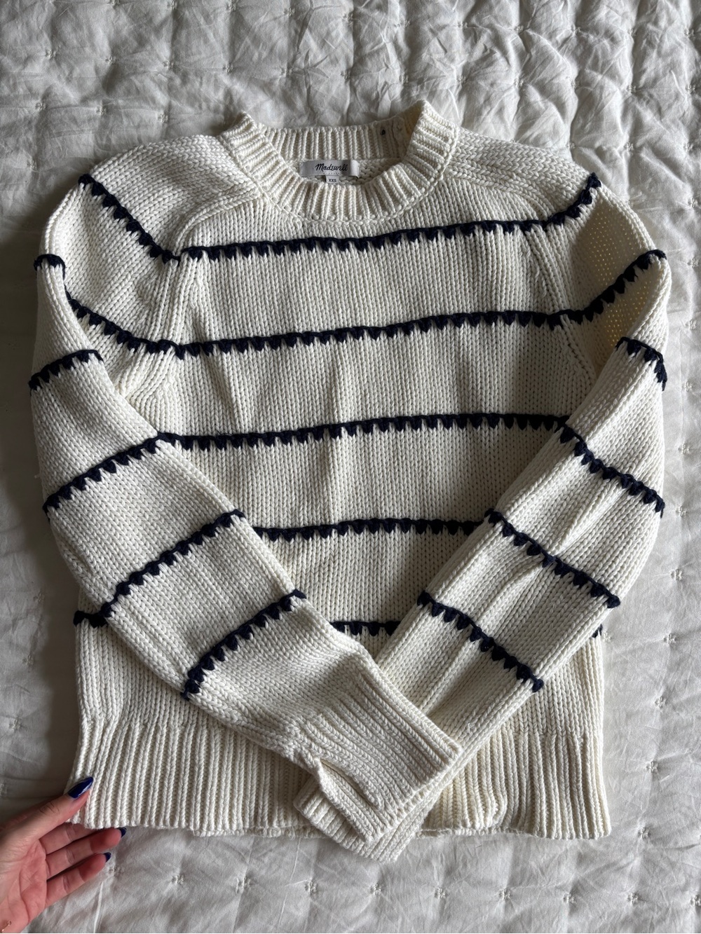 Madewell Cream Crewneck Sweater with Navy Stripes